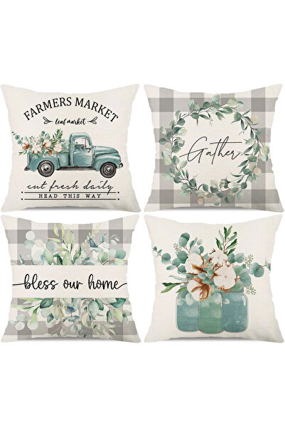 HOMESSA Set of 4 Farmers Market Eucalyptus Patterned Throw Pillow Covers Gath...