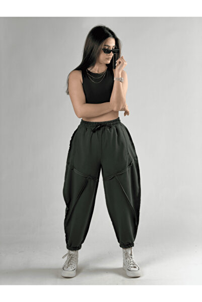 COCOPELLI Pantaloni jogger verzi pentru femei cu detaliu cusut COC3144