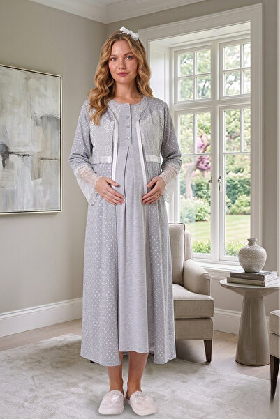 Lohussa New Season Gray Full Length Summer Lace Detailed Polka Dot Maternity ...