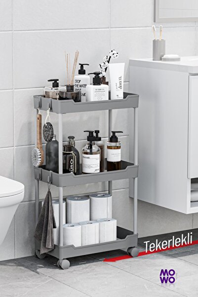 MOWO Gri 3 Katlı Tekerlekli Banyo Rafı, Havluluk, Deterjanlık, Banyo Düzenley...