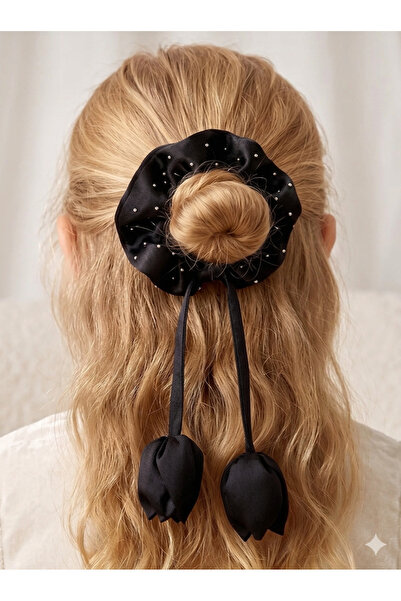 LİNACO Tulip Detailed Pearl Scrunchie Glittery Tulle Hair Clip - Design Elast...