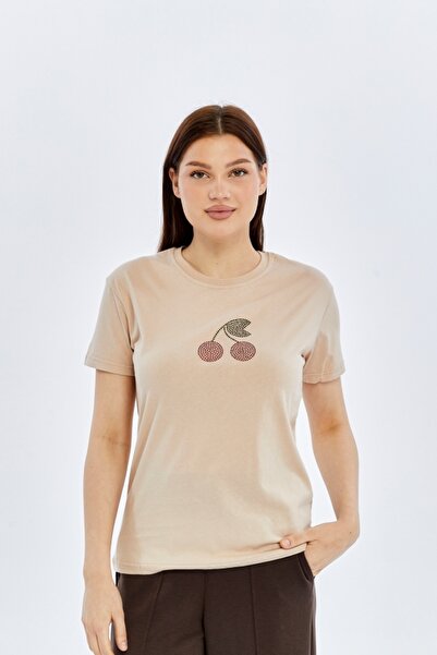 trender 26YDT1000003 Γυναικείο T-Shirt Stone με κέντημα κεράσι και στάμπα στο...