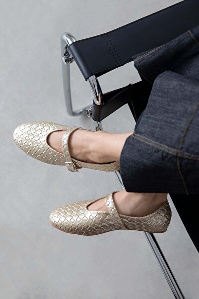 STRASWANS Γυναικεία πλεκτή δερμάτινη μπαλαρίνα Jun με λεπτομέρειες σε χρυσό χ...