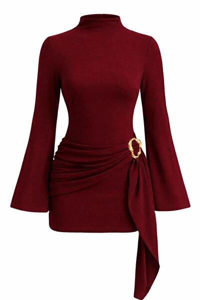 SevdeUgur Γυναικείο κομψό μίνι φόρεμα με ψηλό γιακά, λεπτομέρεια με αγκράφα κ...