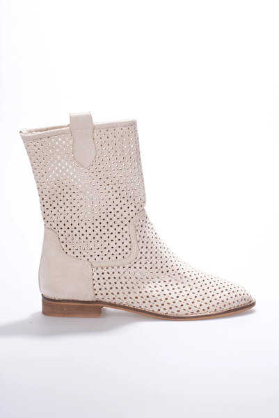 MFT AYAKKABI Women's Laser Cut Cowboy Style Summer Boots Beige