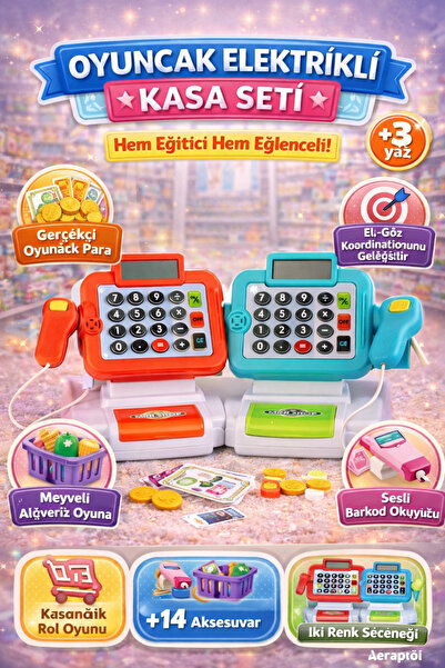 DENAPCAL Sesli Işıklı Yazar Kasa Oyuncak Seti 14 Parça Aksesuarlı Market Kasa...