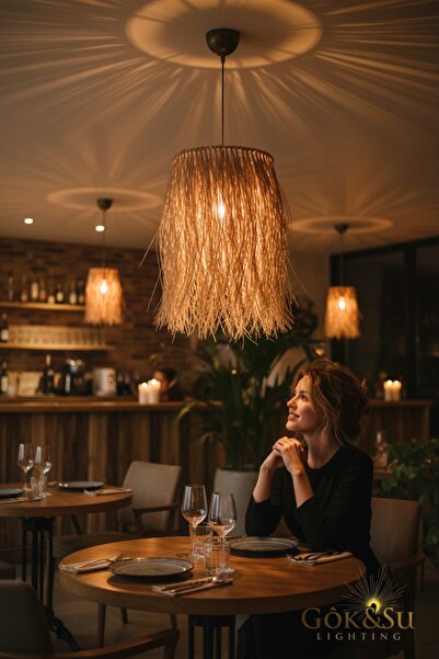 Göksu Lighting Doğal Rafya Saçaklı Bohem Avize Kış Bahçesi Cafe Restoran Tasarım