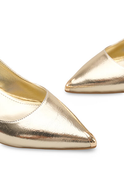 Bak Store Χρυσά γυναικεία παπούτσια με τακούνι Kitten, με μυτερή μεταλλική μύ...