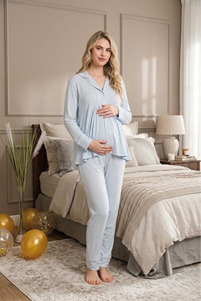LOHOUSE Kadın Biyeli Düğmeli 2'Li Lohusa Hamile Pijama Takımı