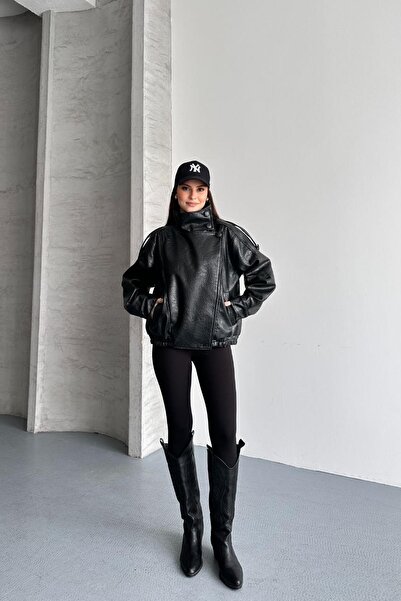 Jaglion New Season Viral Zr Dik Collar Pattern Detailed Women's Leather Jacket