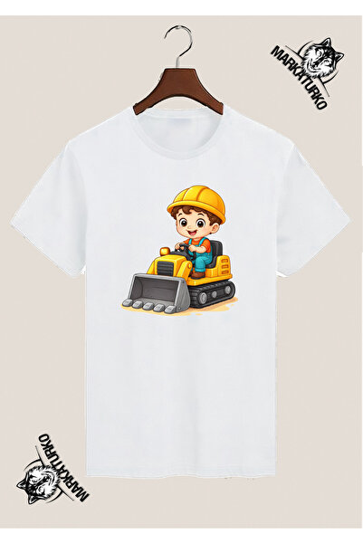 MarkaTurko Working Machine Children's Special Design Printed White T-Shirt
