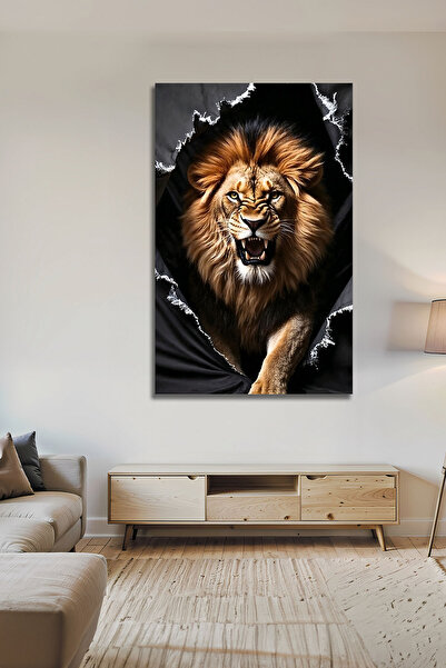 B&G DESIGN 3D Görünümlü Lüks Parçalanmış Duvar Efektli Modern Kükreyen Aslan ...