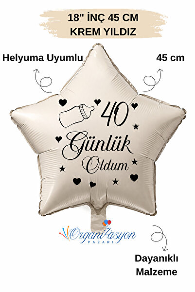 Organizasyon Pazarı 18 inç Krem Yıldız Folyo Balon | 40 Günlük Oldum | Bibero...