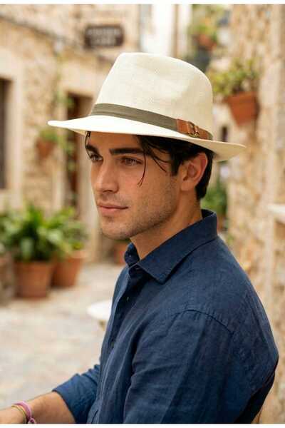 LAGRANZE Μοντέρνο ψάθινο καπέλο Fedora ΑΝΔΡΙΚΟ με λεπτή λωρίδα