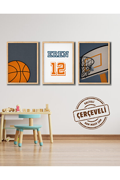 tablomaxtbx Kişiye Özel İsimli Gerçek Ahşap Çerçeveli Basketbol Temalı Dekora...