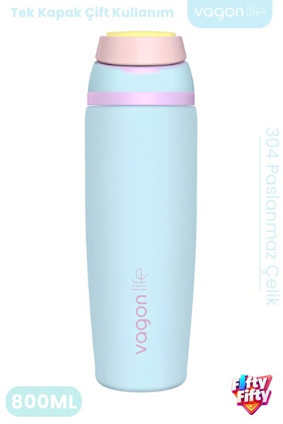 Vagonlife 800 ML Tek Kapak Çift Kullanım Pipetli Rahat İçim Kulplu SUS304 Pas...
