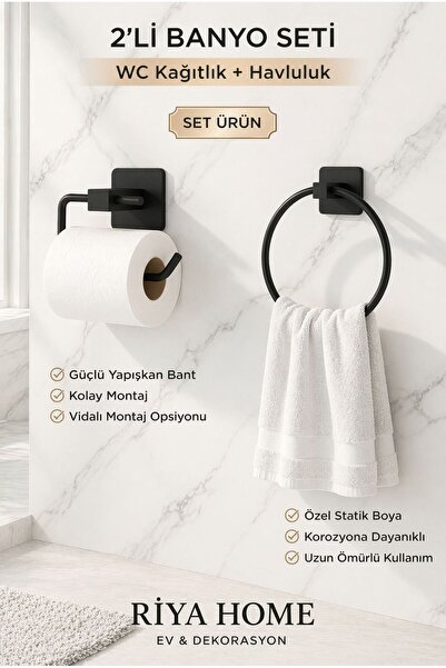 RİYA HOME EV & DEKORASYON Yapışkanlı Siyah Tuvalet Kağıtlığı Ve Havluluk, 2'L...