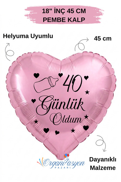 Organizasyon Pazarı 18 inç Pembe Kalp Folyo Balon | 40 Günlük Oldum | Biberon...