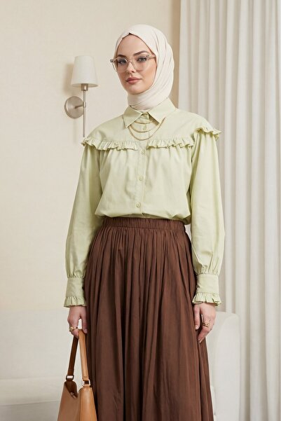 Modamorfo Κοντό πουκάμισο με βολάν και κουμπιά - λαδί