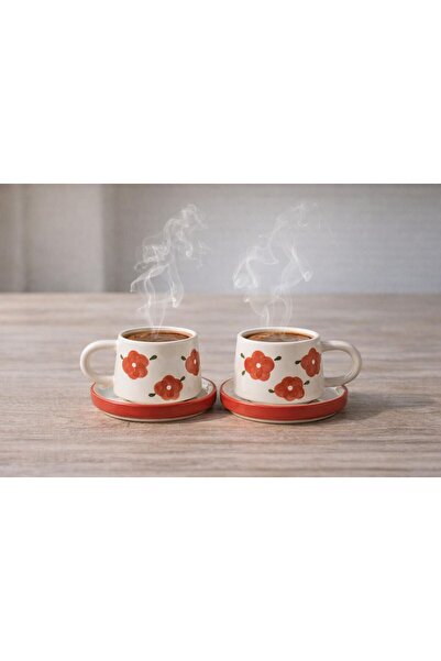 NİSAMET Kırmızı Gelincik Desenli 2'li Fincan Takımı