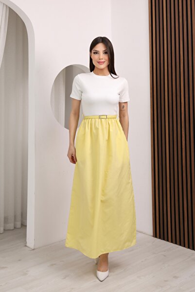 mielva Γυναικείο κίτρινο κοντομάνικο φόρεμα μίντι με ζώνη