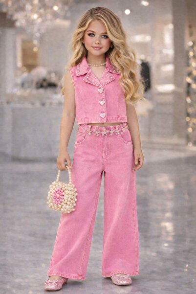 Bisahane Κοριτσίστικη τζιν μπλούζα, τζιν παντελόνι, τσάντα με πέρλες, ζώνη