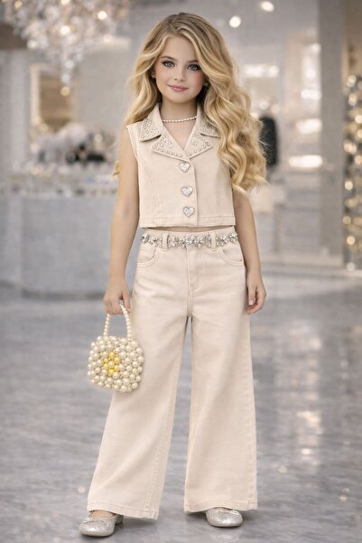 Bisahane Κοριτσίστικη τζιν μπλούζα, τζιν παντελόνι, τσάντα με πέρλες, ζώνη