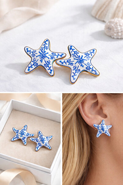 LİLİBETH BİJOU Blue Patterned Star Ceramic Earrings – Stylish Design with Por...