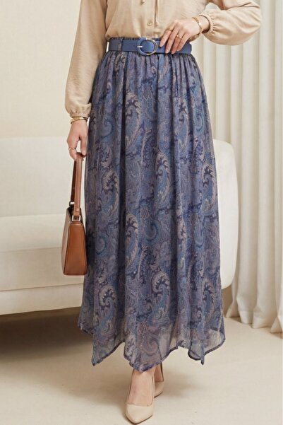 Modamorfo Asymmetrical Cut Lined Belted Chiffon Skirt -Indigo