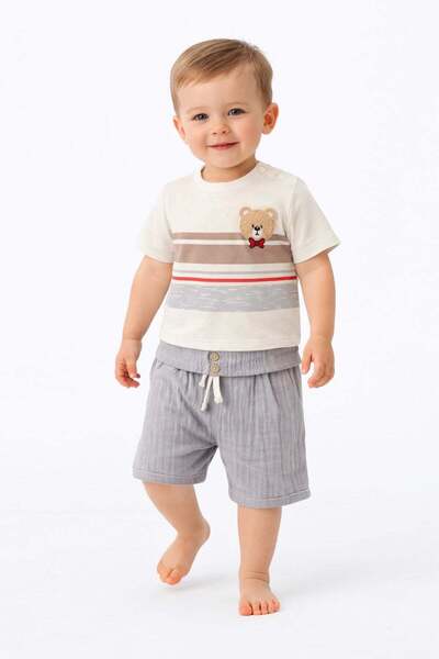 dinamik çocuk Baby Boy Teddy Bear Embroidered Striped T-Shirt - 2-Piece Set w...