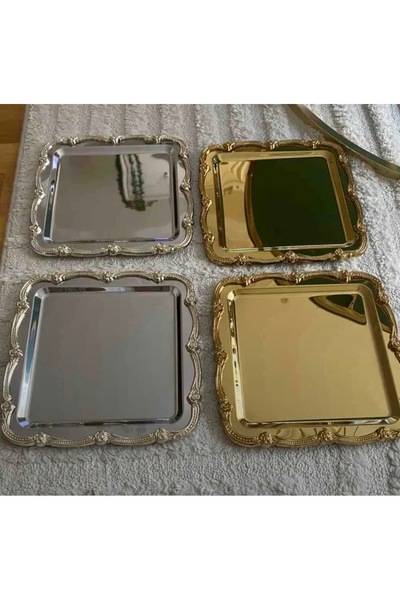 Elzemm store GOLD VE GÜMÜŞ 4 LÜ ÇELİK KARE TEPSİ KENAR PLASTİK ÇERÇEVELİ SUNU...