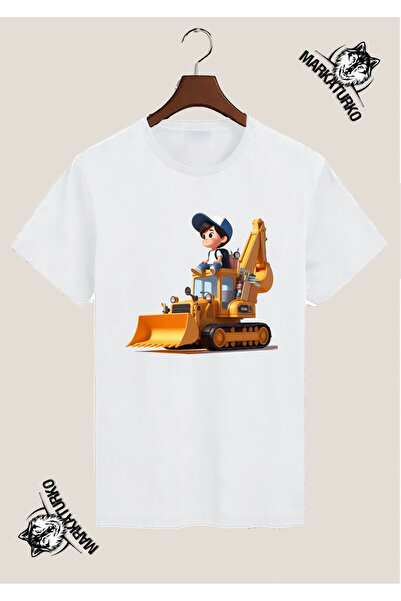 MarkaTurko Working Machine Children's Special Design Printed White T-Shirt