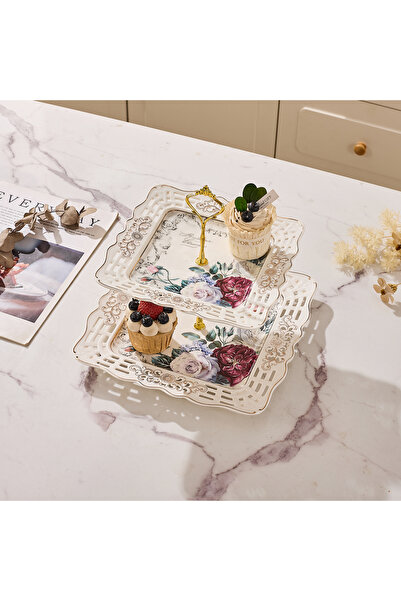 Malooki Διώροφη πορσελάνινη πιατέλα, με vintage floral σχέδιο, χρυσή μεταλλικ...