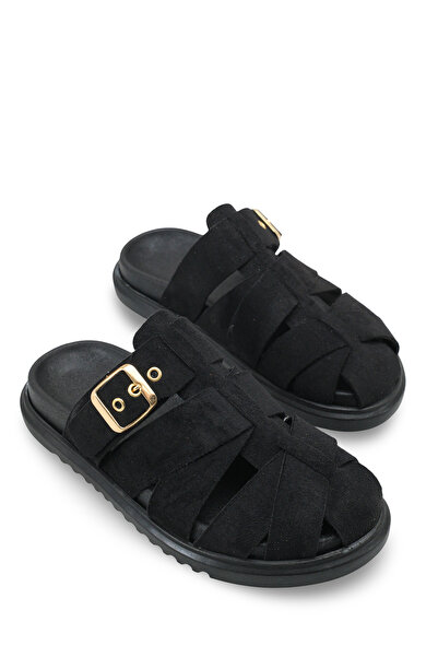 Bak Store Μαύρες σουέτ γυναικείες παντόφλες με ορθοπεδική σόλα και χρυσή πόρπη