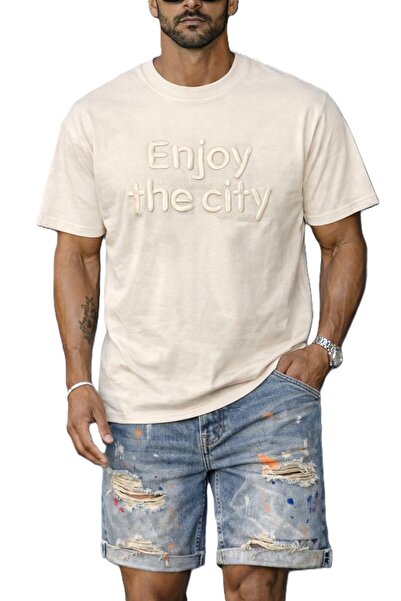 Casa Shop Ανδρικό T-shirt σε ανοιχτό μπεζ χρώμα, κανονική εφαρμογή, Mood Urba...