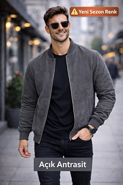 DYNAMO Men's Smoked (Light Anthracite) Suede Coat – Regular Fit Zippered Spri...