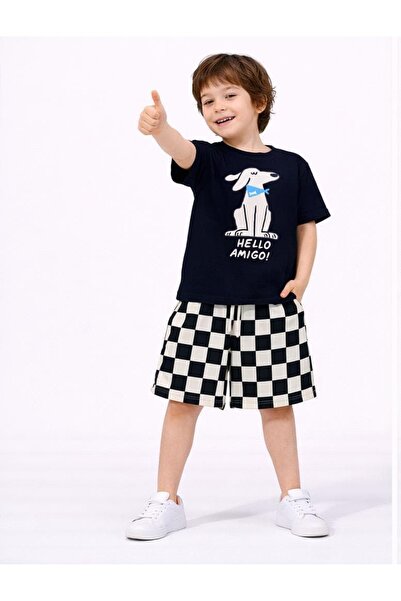 BOYS NEW SEASON SQUARE PATTERN PRINTED T-SHIRT SHORTS BOTTOM TOP SET