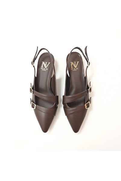 NE&VE SHOES Καφέ Δερμάτινες Γυναικείες Μπαλαρίνες με Τρεις Πόρπες και Μυτερή ...