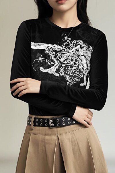 Yukatay Black Vintage Punk Patterned Y2K Long Sleeve Crop