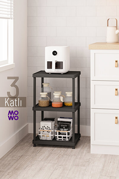 MOWO 3 Katlı Siyah 40x33 Plastik Mutfak Raf Sistemi, Banyo Rafı, Kiler, Kitap...