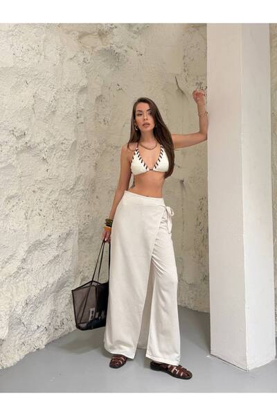 GAMZE ALPTEKİN Women's Premium High Waist Loose Cut Wide Leg Pants with Tie D...