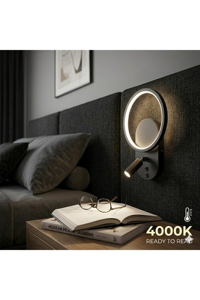 SeckinStore Dekoratif Yatak Başı Okuma Lambası 6+3 Watt Gün Işığı 4000k Çift Kademeli Siyah Kasa Ycl