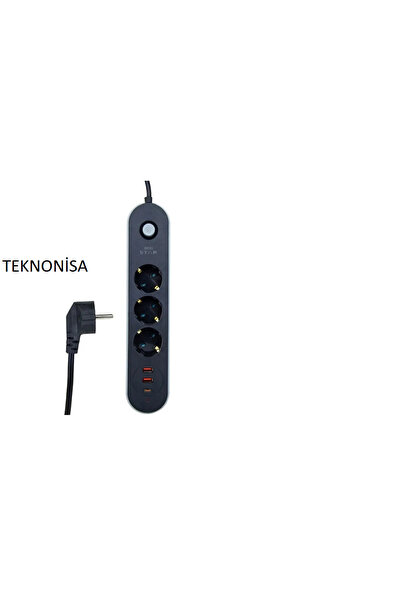 teknonisa 3'lü Priz 2 Metre Akım Korumalı 2xUSB 2xTYPE-250V 2500WATT