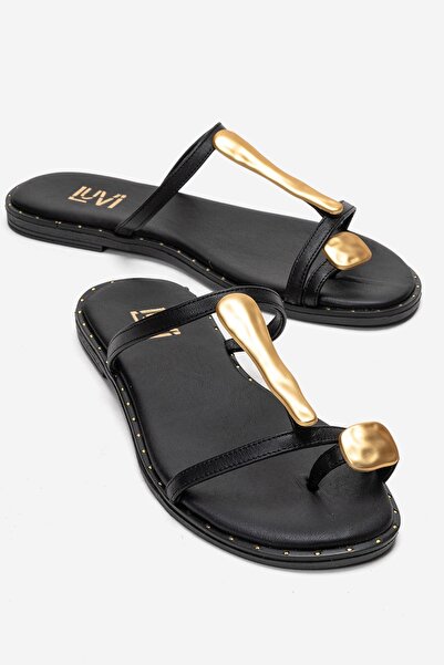 LuviShoes Γυναικείες σαγιονάρες TESSA από γνήσιο δέρμα μαύρου χρώματος με χρυ...