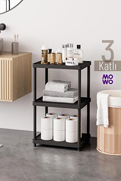 MOWO 3 Katlı Siyah 40x33 Plastik Banyo Rafı, Kiler, Kitaplık Çok Amaçlı Düzen...
