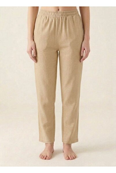 PORİENTO Beige Color 100% Cotton Muslin Fabric Women's Trousers with Elastic ...