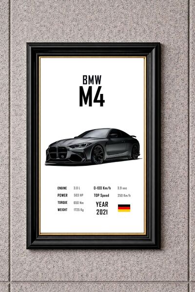 BuzzDesigns BMW M4 2021 Teknik Özellikler Poster Araba Tablo (Çerçeve Seçenekli)