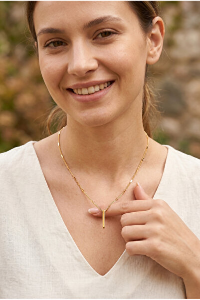 POEM JEWELLERY 18 Ayar Altın ve Rodyum Kaplama Paslanmaz Çelik Minimal Bar Ko...