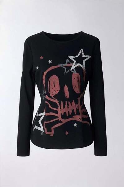 BALİNA Siyah Skull Stars 2K Uzun Kollu Crop