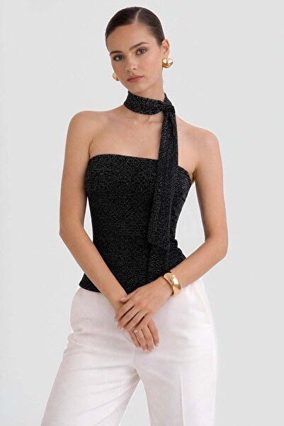 Baluxe Glittery Shawl Detailed Strapless Blouse Sparkling Top
